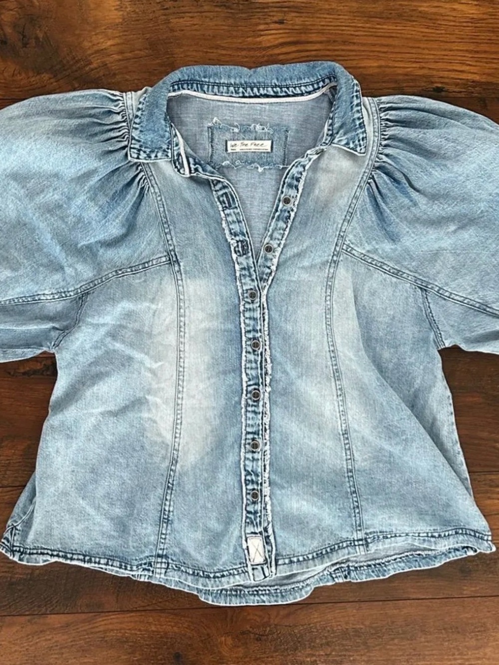 We The Free Light Wash Denim Puff Sleeve Button Down